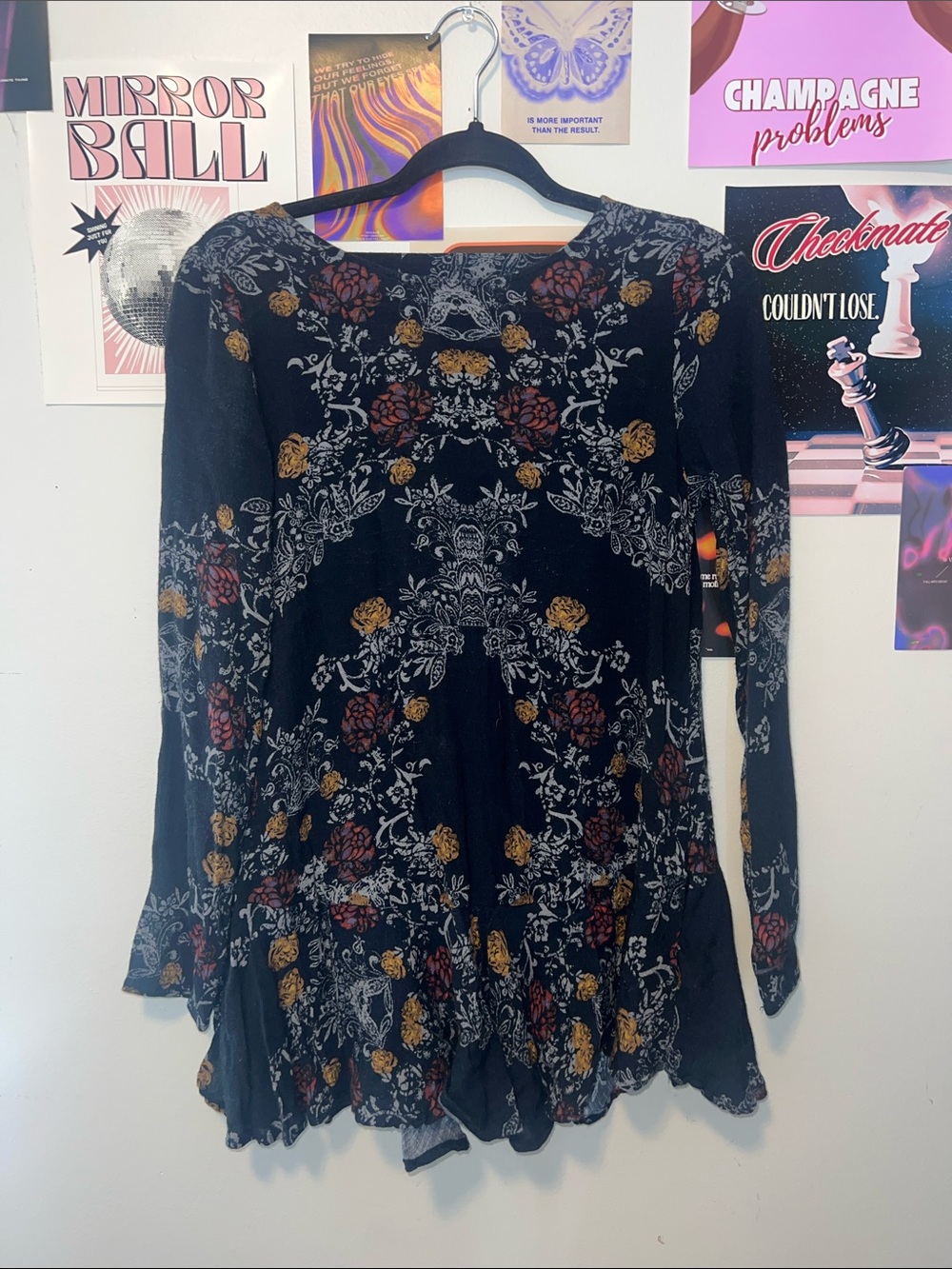 Free People Black Floral Long Sleeve Peasant Top with Rust & Mustard Accents